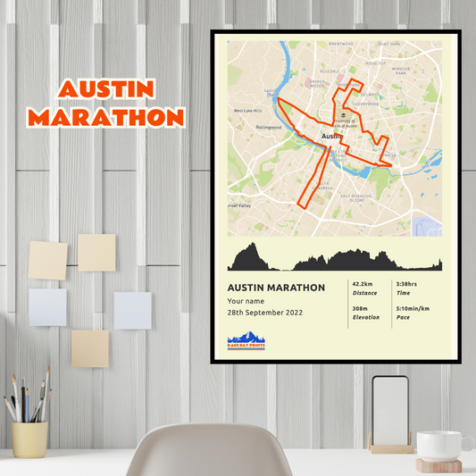 Personalised Austin Marathon route poster with custom runner's name and time, printed on high-quality paper, ideal as a gift for runners