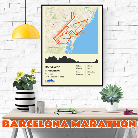 Personalised Barcelona Marathon route poster with custom runner's name and time, printed on high-quality paper, ideal as a gift for runners