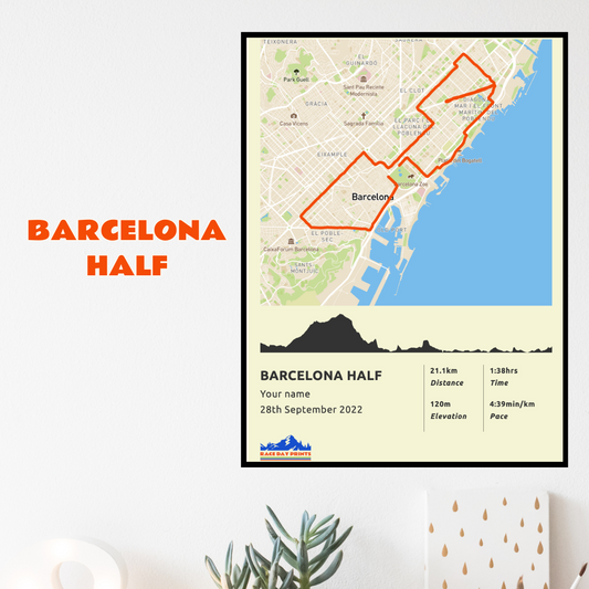Personalised Barcelona Half Marathon route poster with custom runner's name and time, printed on high-quality paper, ideal as a gift for runners