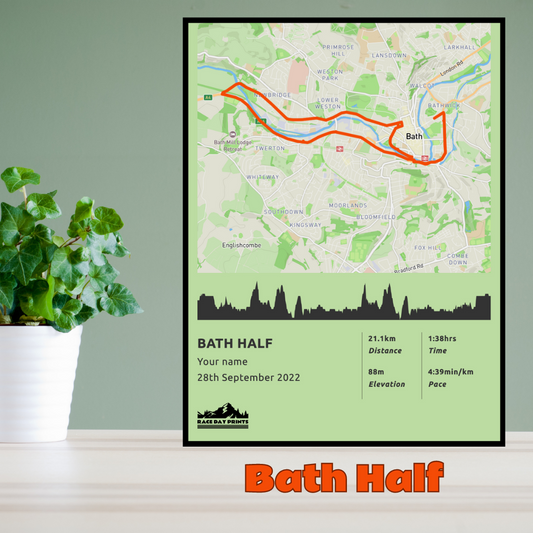 Personalised Bath Half Marathon route poster with custom runner's name and time, printed on high-quality paper, ideal as a gift for runners