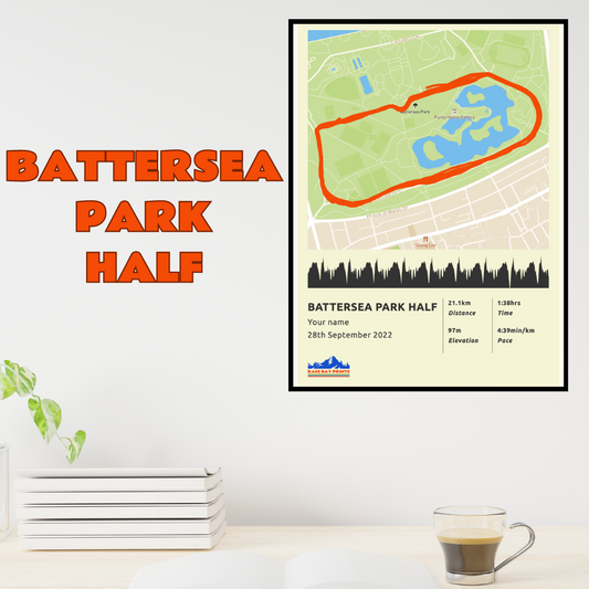 Personalised Battersea Park Half Marathon route poster with custom runner's name and time, printed on high-quality paper, ideal as a gift for runners