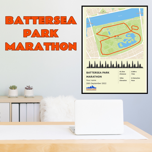 Personalised Battersea Park Marathon route poster with custom runner's name and time, printed on high-quality paper, ideal as a gift for runners