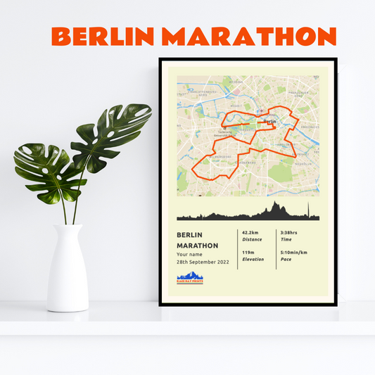 Personalised Berlin Marathon route poster with custom runner's name and time, printed on high-quality paper, ideal as a gift for runners