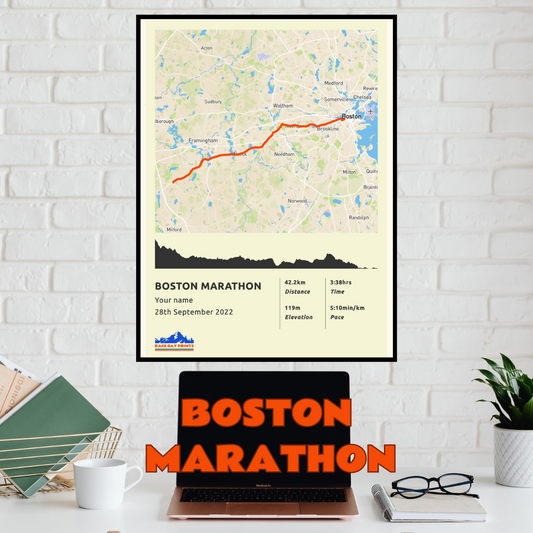 Personalised Boston Marathon route poster with custom runner's name and time, printed on high-quality paper, ideal as a gift for runners