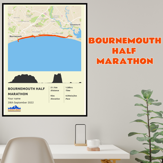 Personalised Bournemouth half Marathon route poster with custom runner's name and time, printed on high-quality paper, ideal as a gift for runners