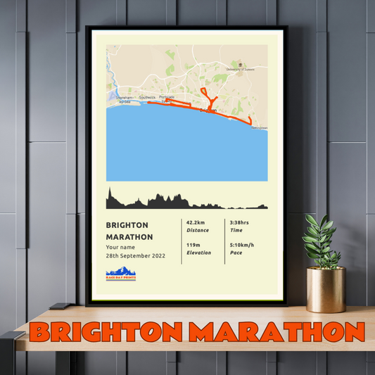 Personalised Brighton Marathon route poster with custom runner's name and time, printed on high-quality paper, ideal as a gift for runners