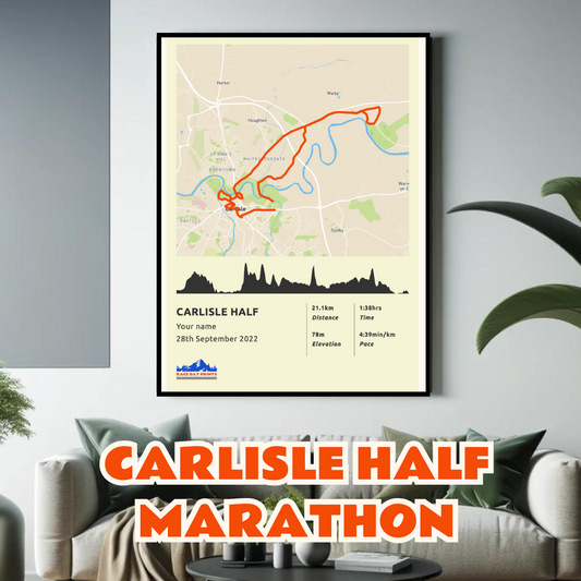 Personalised Carlisle Half Marathon route poster with custom runner's name and time, printed on high-quality paper, ideal as a gift for runners