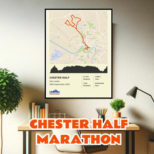 Personalised Chester Half Marathon route poster with custom runner's name and time, printed on high-quality paper, ideal as a gift for runners