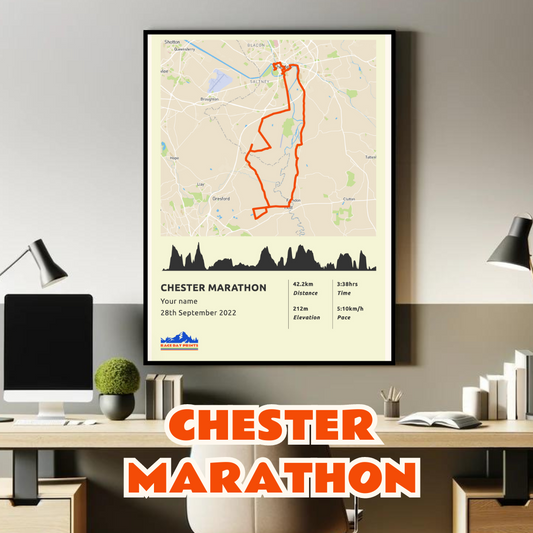 Personalised Chester Marathon route poster with custom runner's name and time, printed on high-quality paper, ideal as a gift for runners