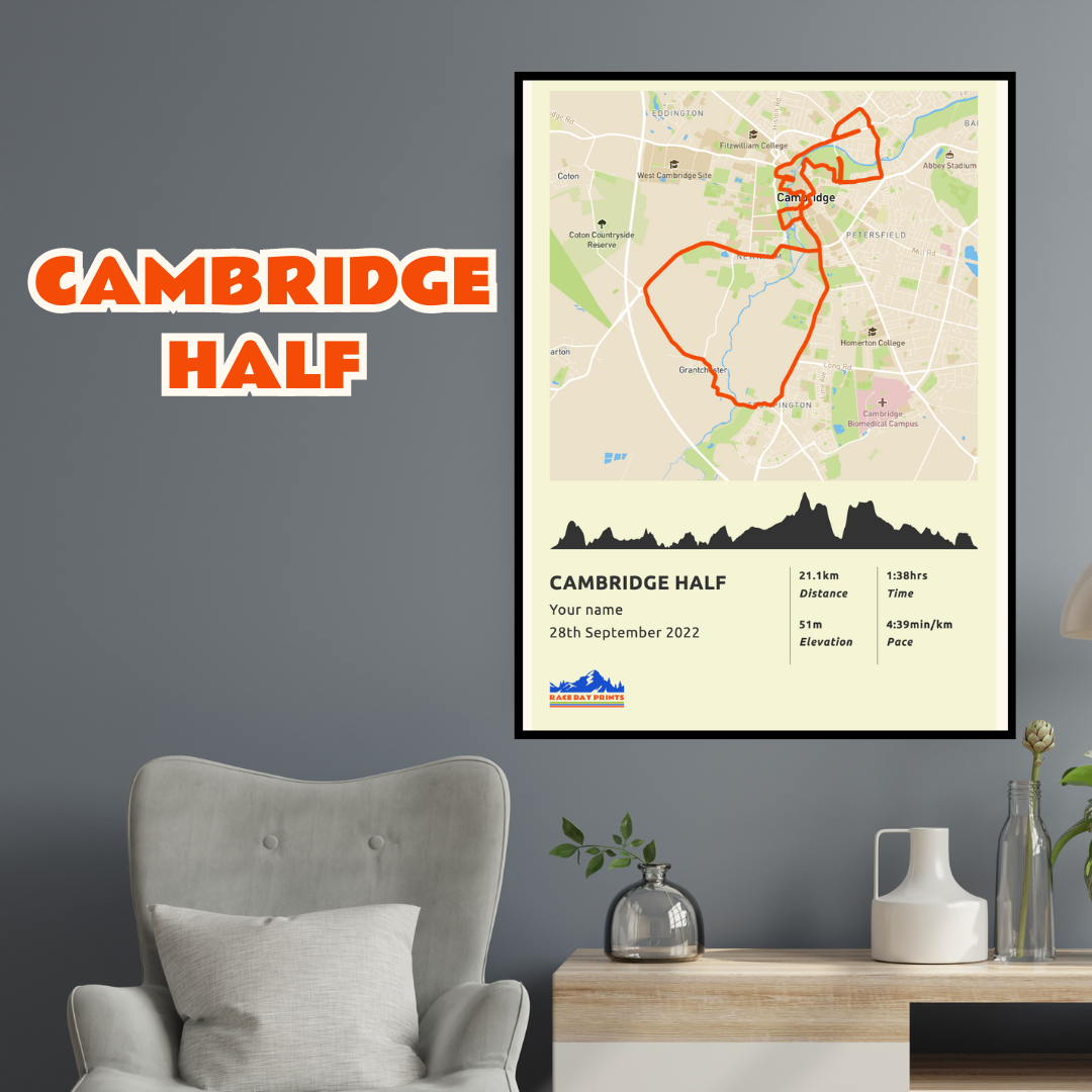 Personalised Cambridge Half Marathon route poster with custom runner's name and time, printed on high-quality paper, ideal as a gift for runners