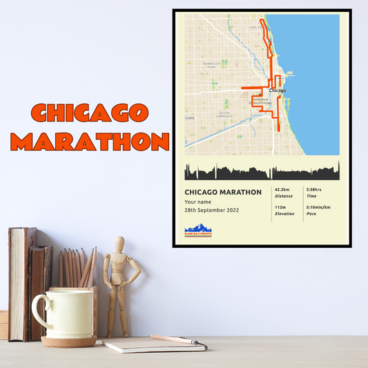Personalised Chicago Marathon route poster with custom runner's name and time, printed on high-quality paper, ideal as a gift for runners