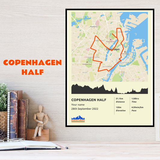 Personalised Copenhagen Half Marathon route poster with custom runner's name and time, printed on high-quality paper, ideal as a gift for runners