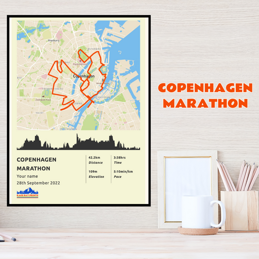 Personalised Copenhagen Marathon route poster with custom runner's name and time, printed on high-quality paper, ideal as a gift for runners