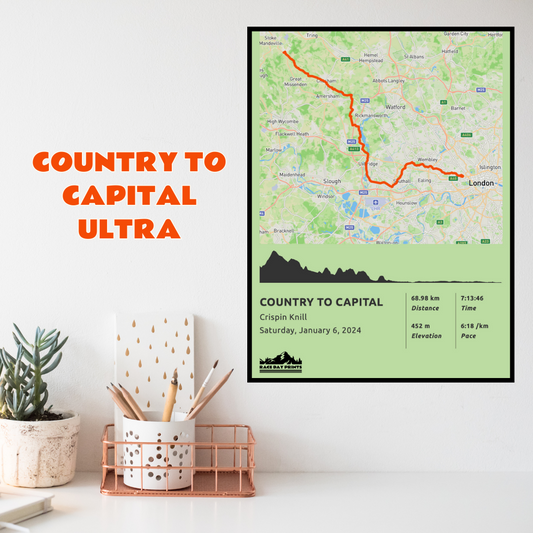 Personalised Country to capital poster Marathon route poster with custom runner's name and time, printed on high-quality paper, ideal as a gift for runners