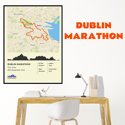 Personalised Dublin Marathon route poster with custom runner's name and time, printed on high-quality paper, ideal as a gift for runners