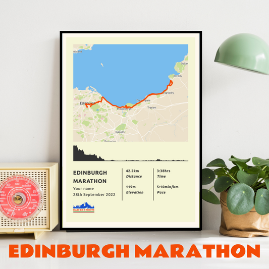 Personalised Edinburgh Marathon route poster with custom runner's name and time, printed on high-quality paper, ideal as a gift for runners