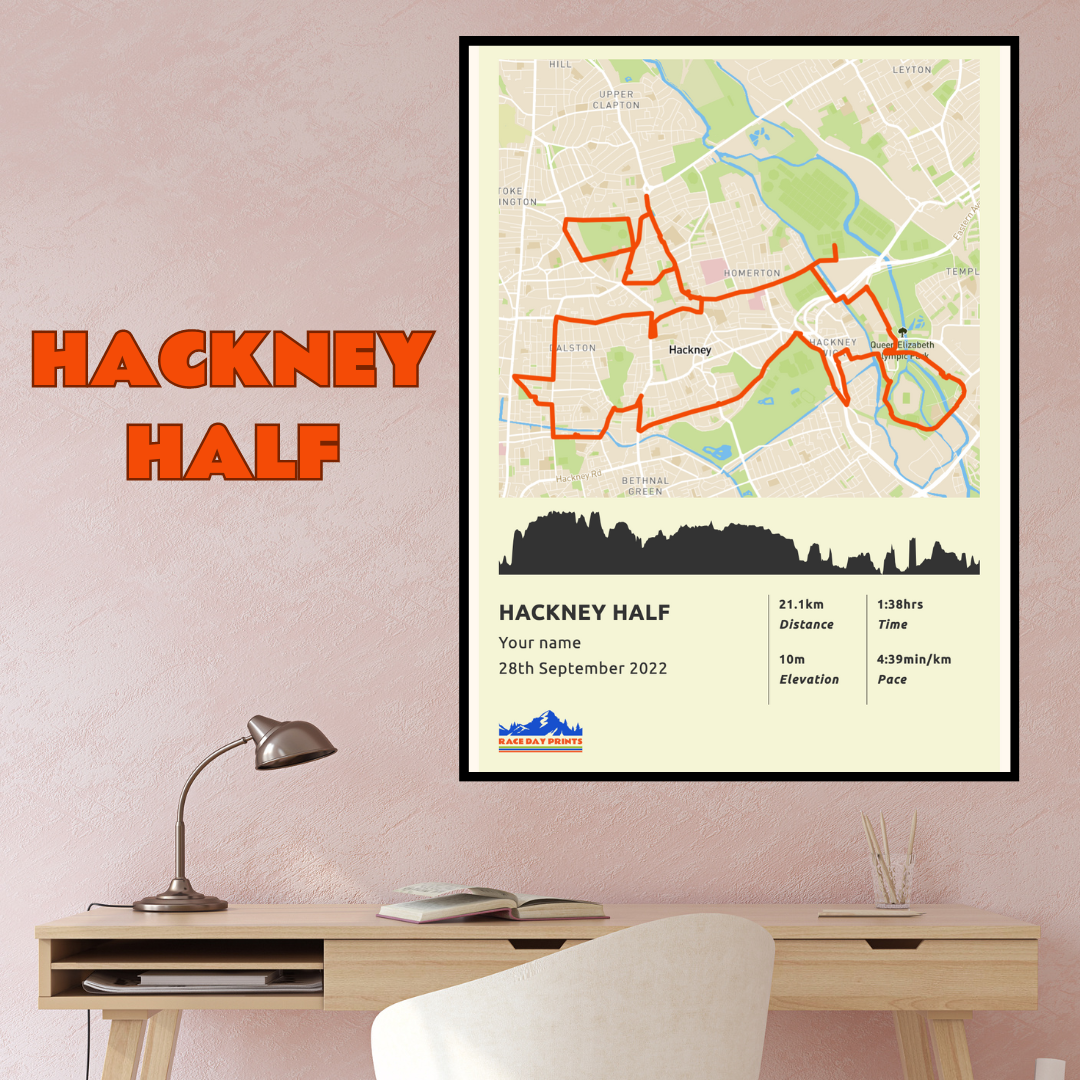 Personalised Hackney Half Marathon route poster with custom runner's name and time, printed on high-quality paper, ideal as a gift for runners