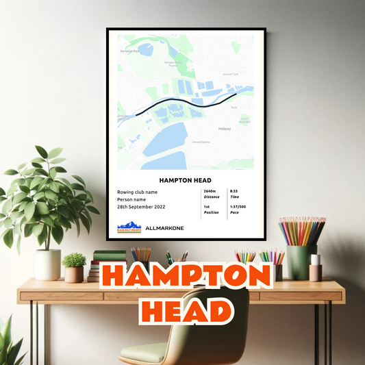 Personalised Hampton Head route poster with custom rowers name and time, printed on high-quality paper, ideal as a gift for rowers