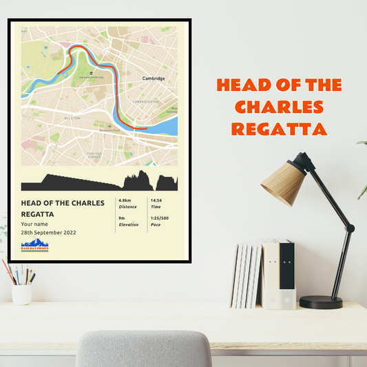 Personalised Head Of The Charles Regatta route poster with custom runner's name and time, printed on high-quality paper, ideal as a gift for runners