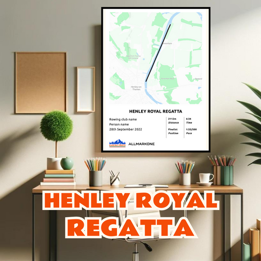 Personalised Henley Royal Regatta route poster with custom rowers name and time, printed on high-quality paper, ideal as a gift for rowers