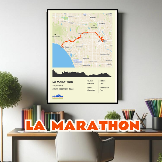 Personalised LA Marathon route poster with custom runner's name and time, printed on high-quality paper, ideal as a gift for runners