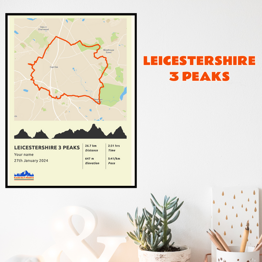 Personalised Leicestershire 3 peaks Marathon route poster with custom runner's name and time, printed on high-quality paper, ideal as a gift for runners