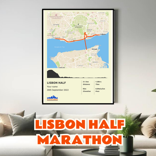 Personalised Lisbon Half Marathon route poster with custom runner's name and time, printed on high-quality paper, ideal as a gift for runners