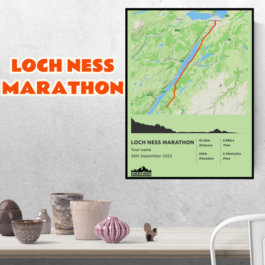 Personalised Loch Ness Marathon route poster with custom runner's name and time, printed on high-quality paper, ideal as a gift for runners