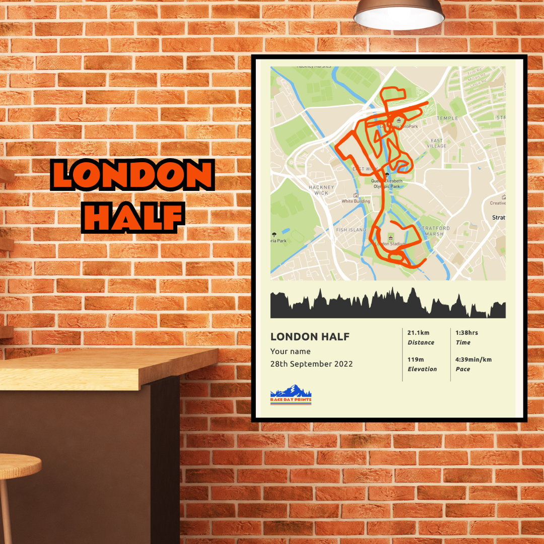 Personalised London Half Marathon route poster with custom runner's name and time, printed on high-quality paper, ideal as a gift for runners