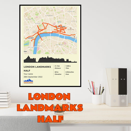 Personalised London Landmarks Half Marathon route poster with custom runner's name and time, printed on high-quality paper, ideal as a gift for runners