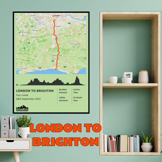 Personalised London To Brighton route poster with custom runner's name and time, printed on high-quality paper, ideal as a gift for runners