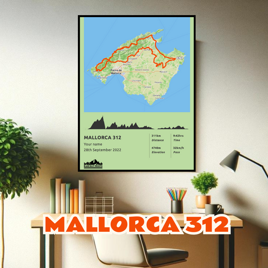 Personalised Mallorca 312 route poster with custom cyclist's name and time, printed on high-quality paper, ideal as a gift for cyclists