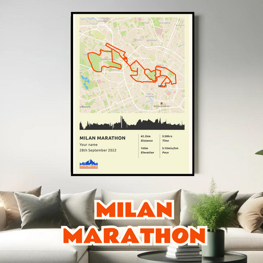 Personalised Milan Marathon route poster with custom runner's name and time, printed on high-quality paper, ideal as a gift for runners