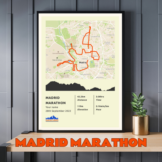 Personalised Madrid Marathon route poster with custom runner's name and time, printed on high-quality paper, ideal as a gift for runners
