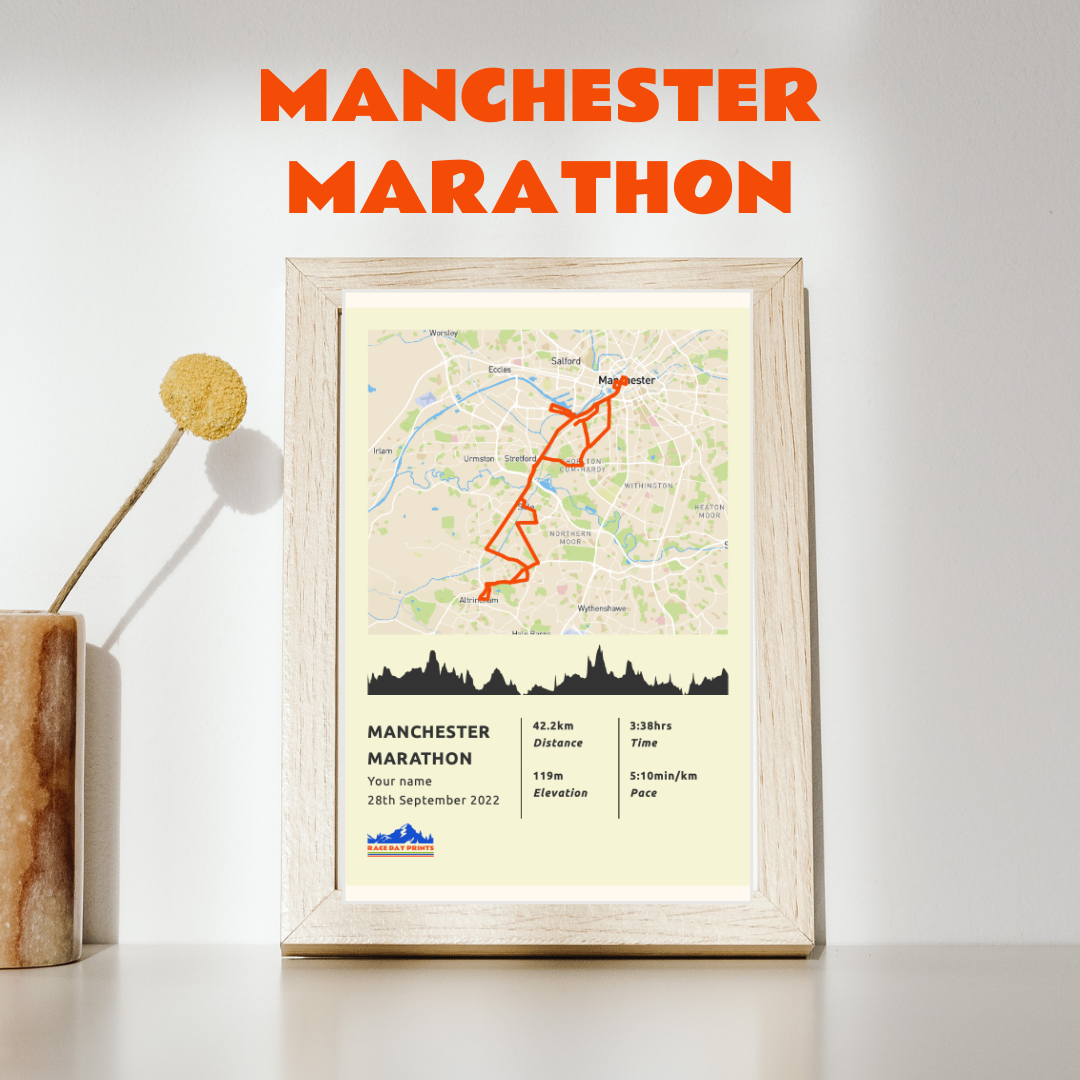 Personalised Manchester Marathon route poster with custom runner's name and time, printed on high-quality paper, ideal as a gift for runners