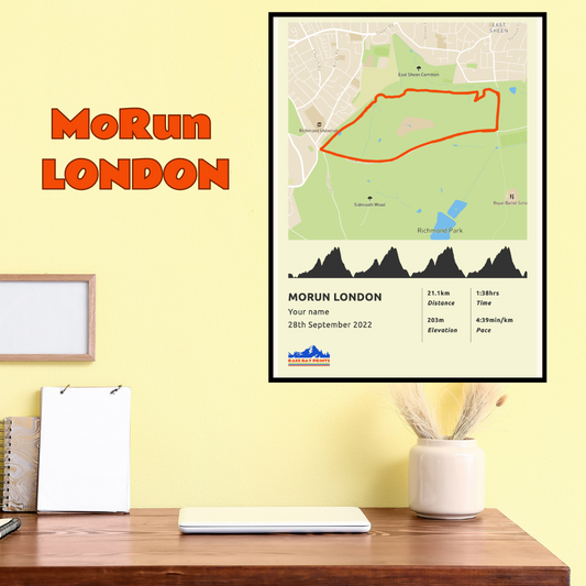 Personalised MoRun London Half Marathon route poster with custom runner's name and time, printed on high-quality paper, ideal as a gift for runners