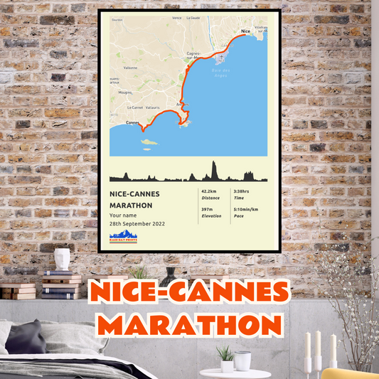Personalised NICE-CANNES Marathon route poster with custom runner's name and time, printed on high-quality paper, ideal as a gift for runners