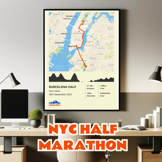 Personalised NYC HALF Marathon route poster with custom runner's name and time, printed on high-quality paper, ideal as a gift for runners