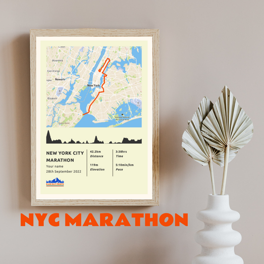 Personalised New York City Marathon route poster with custom runner's name and time, printed on high-quality paper, ideal as a gift for runners