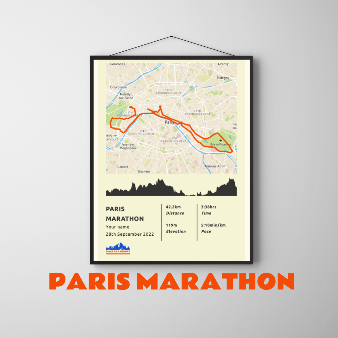 Personalised Paris Marathon route poster with custom runner's name and time, printed on high-quality paper, ideal as a gift for runners