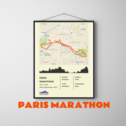 Personalised Paris Marathon route poster with custom runner's name and time, printed on high-quality paper, ideal as a gift for runners