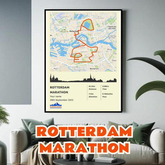Personalised Rotterdam Marathon route poster with custom runner's name and time, printed on high-quality paper, ideal as a gift for runners