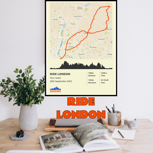 Personalised Ride London route poster with custom runner's name and time, printed on high-quality paper, ideal as a gift for runners