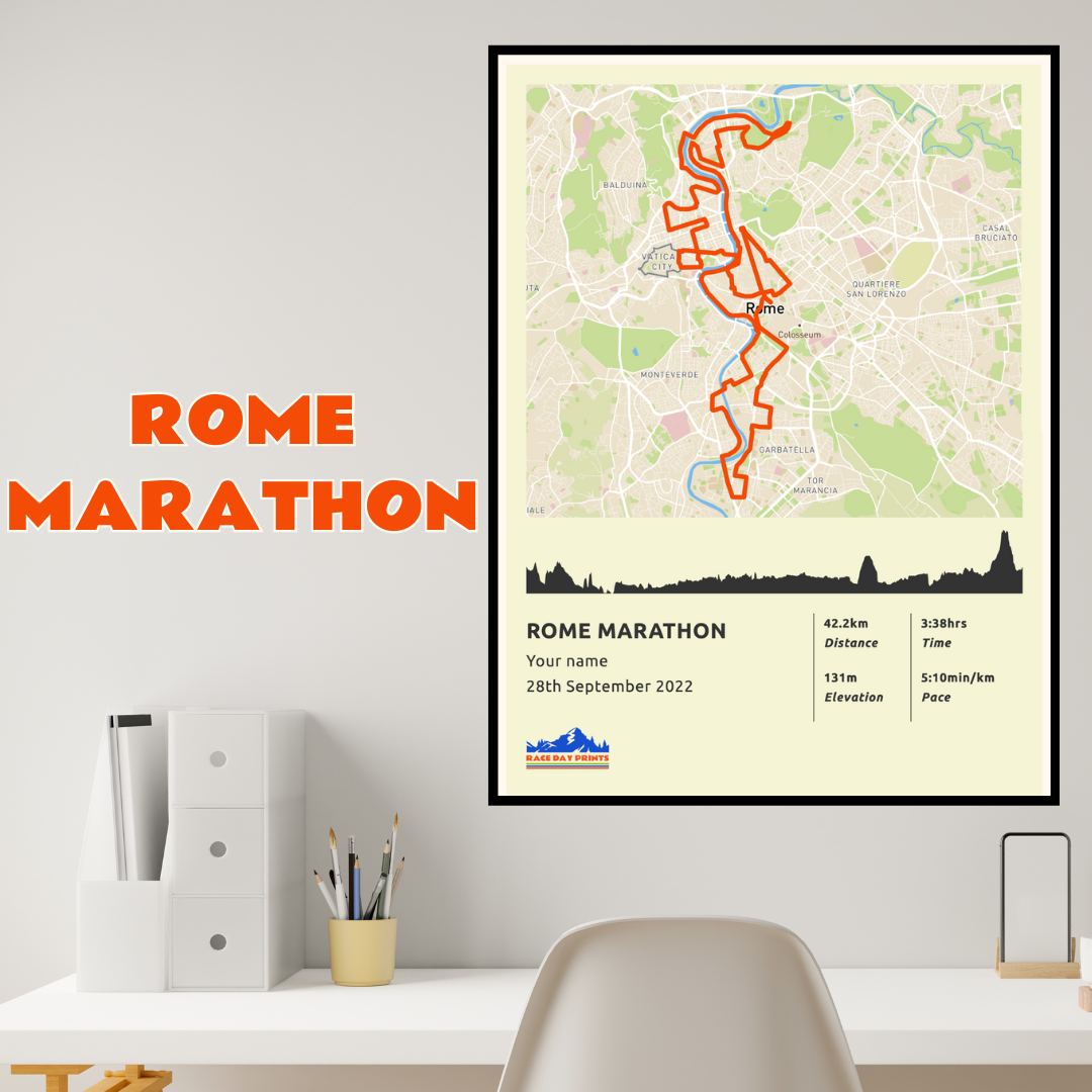 Personalised Rome Marathon route poster with custom runner's name and time, printed on high-quality paper, ideal as a gift for runners