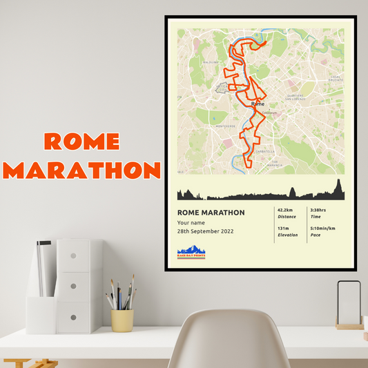 Personalised Rome Marathon route poster with custom runner's name and time, printed on high-quality paper, ideal as a gift for runners