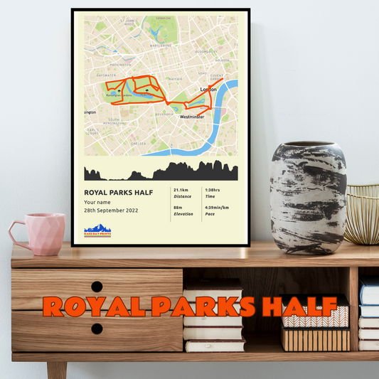 Personalised Royal Parks Half Marathon route poster with custom runner's name and time, printed on high-quality paper, ideal as a gift for runners