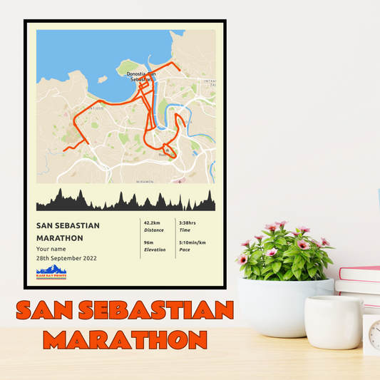 Personalised San Sebastian Marathon route poster with custom runner's name and time, printed on high-quality paper, ideal as a gift for runners