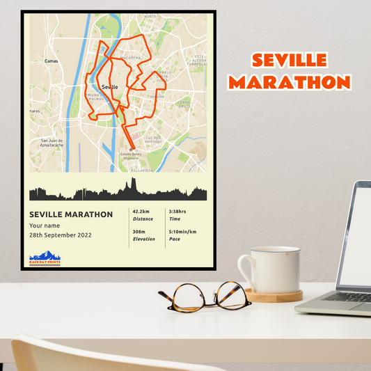Personalised Seville Marathon route poster with custom runner's name and time, printed on high-quality paper, ideal as a gift for runners