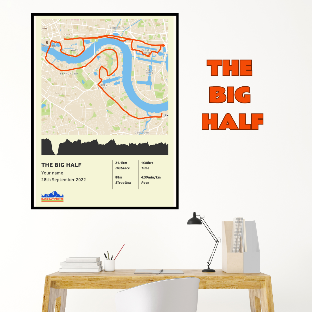 Personalised The Big Half route poster with custom runner's name and time, printed on high-quality paper, ideal as a gift for runners