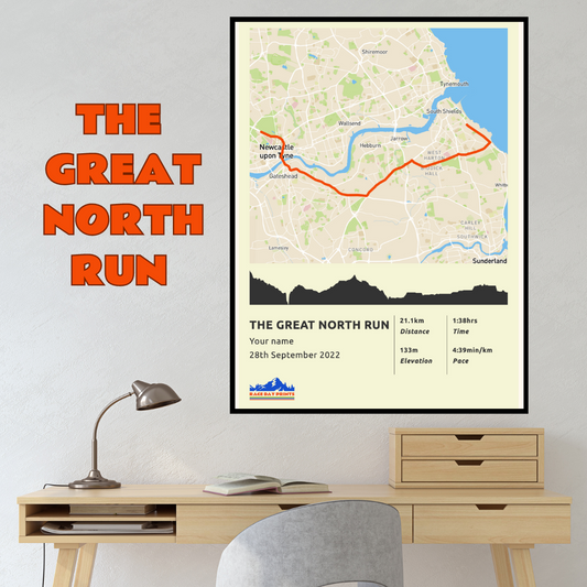 Personalised The Great North Run Marathon route poster with custom runner's name and time, printed on high-quality paper, ideal as a gift for runners
